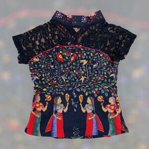 Tang Xiu Ge Traditional Chinese Folk Art Print Top Lace Sleeves XXL NWT